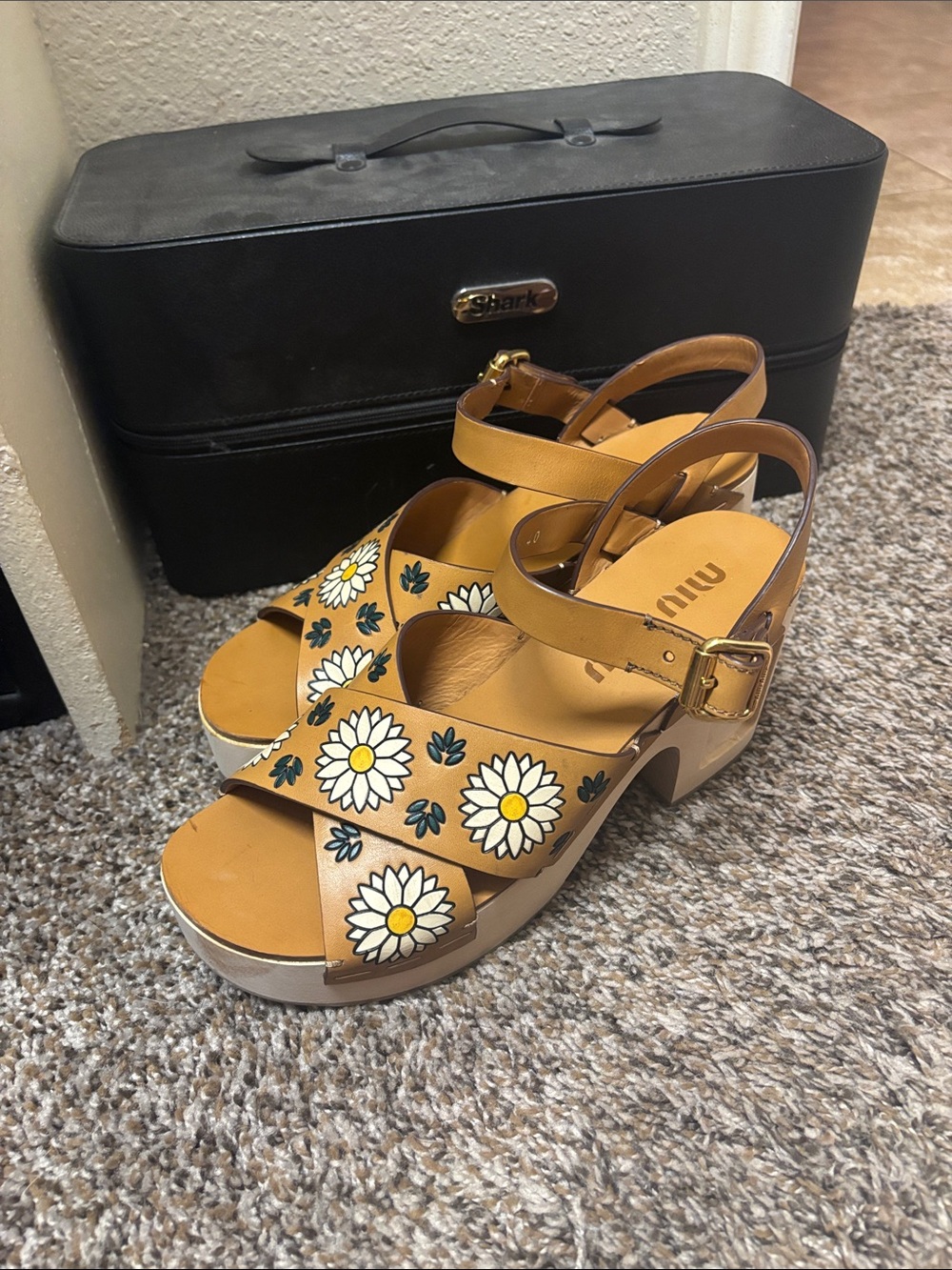 Miu Miu Tan & White Daisy Platform Sandals
